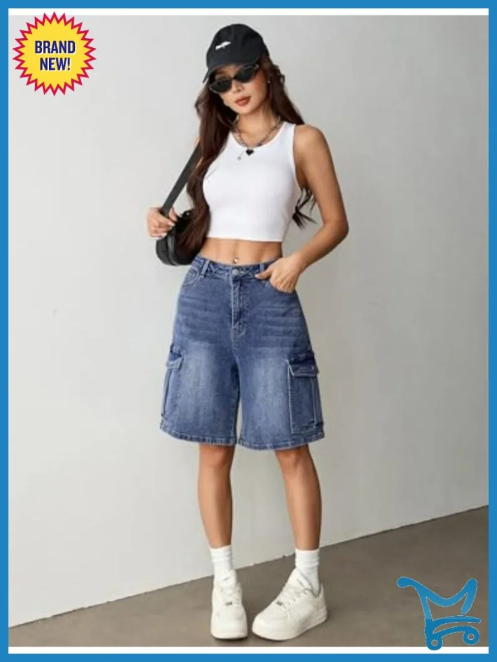 Baggy Bermuda Cargo Jorts Y2K Knee Length Stretchy Denim Jean Shorts with 6